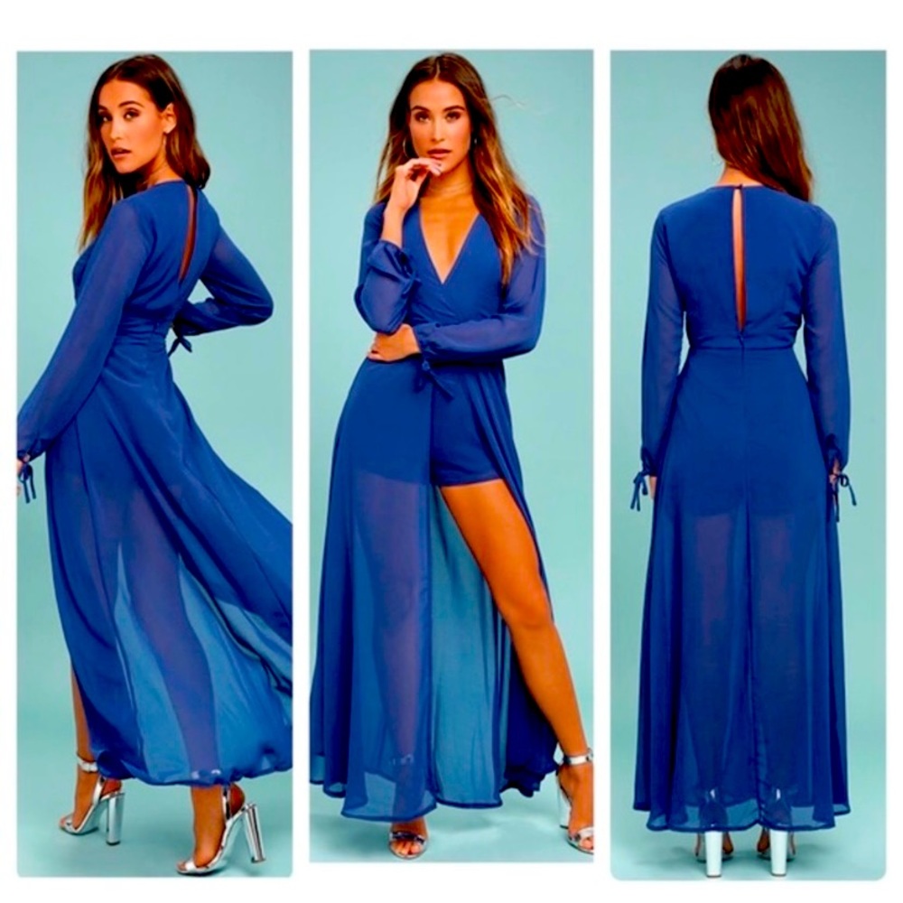 “Gone with the Wind Whirl” Lulus Blue Romper wedding guest